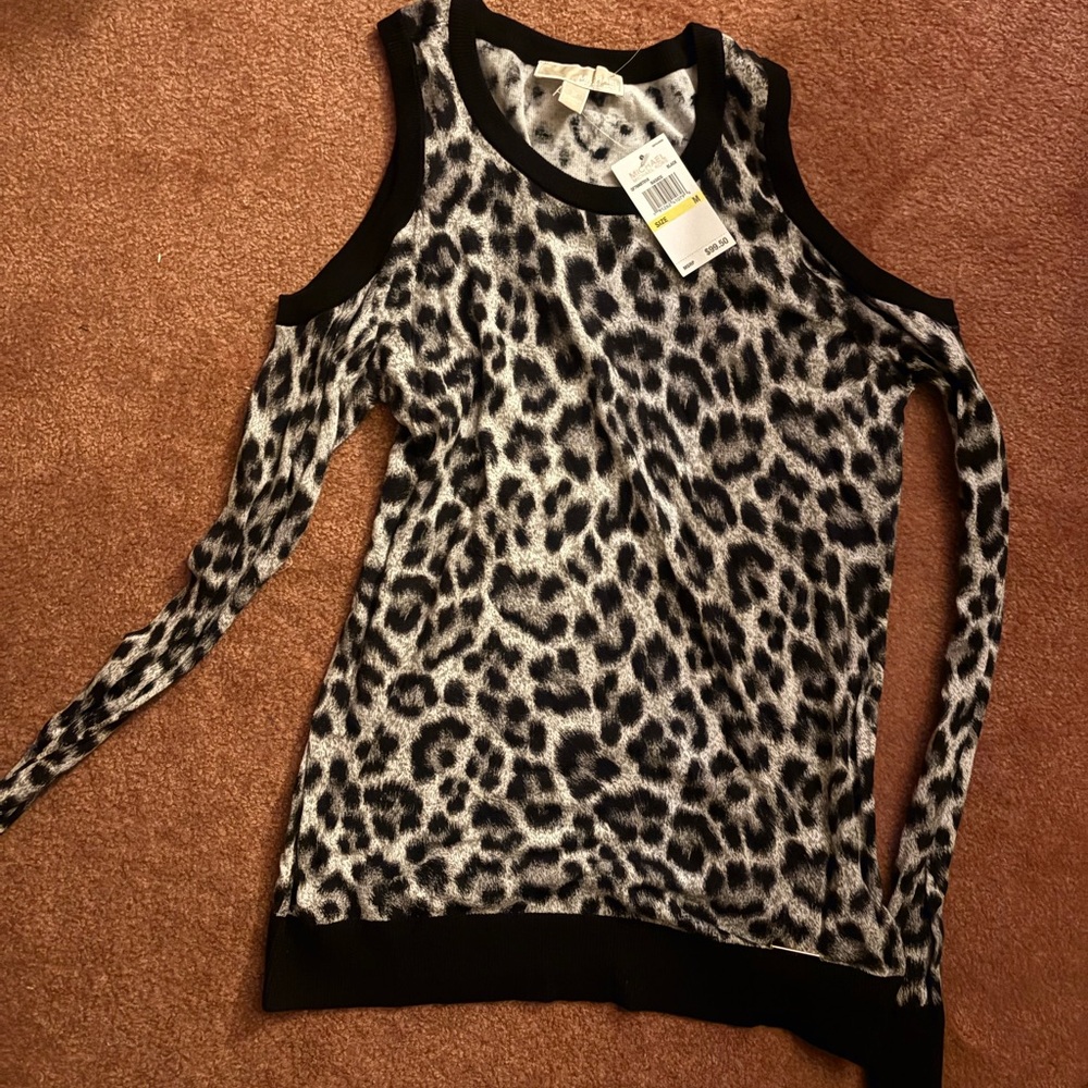 Michael Kors Black and White Leopard Print Cold Shoulder Top